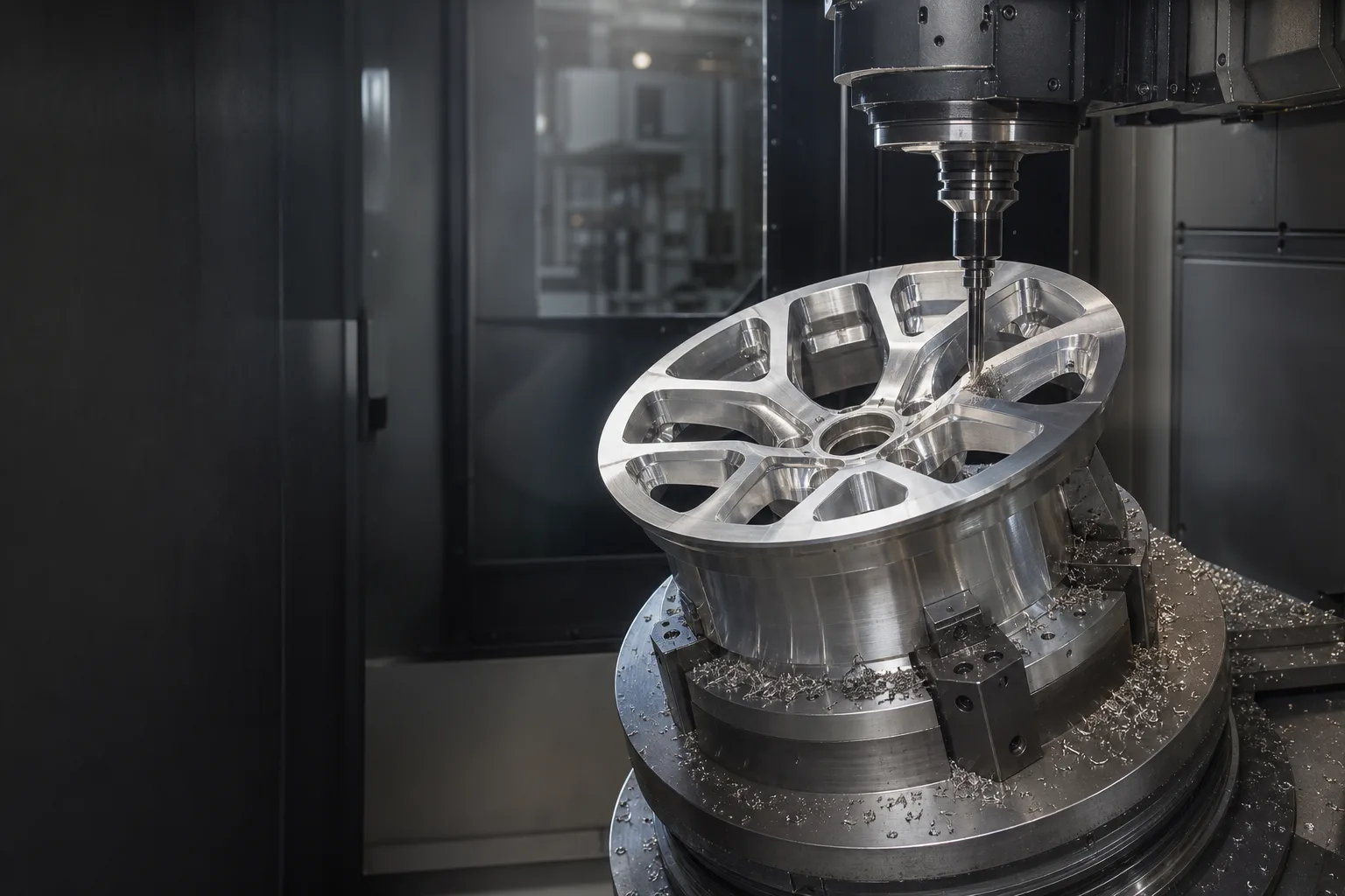 A CNC machining centre producing a forged wheel